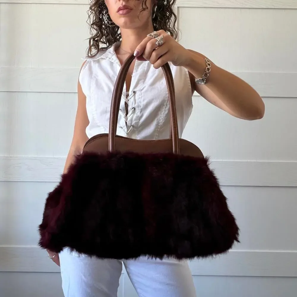 Y2k burgundy faux fur shoulder